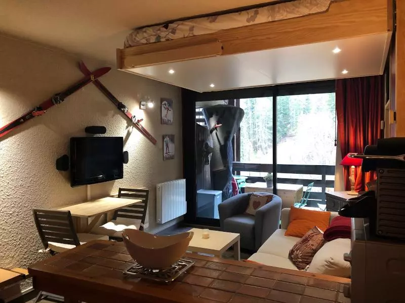Studio chaleureux décoré sur le thème du ski avec coin salon, kitchenette, mezzanine et balcon offrant une vue sur la forêt.