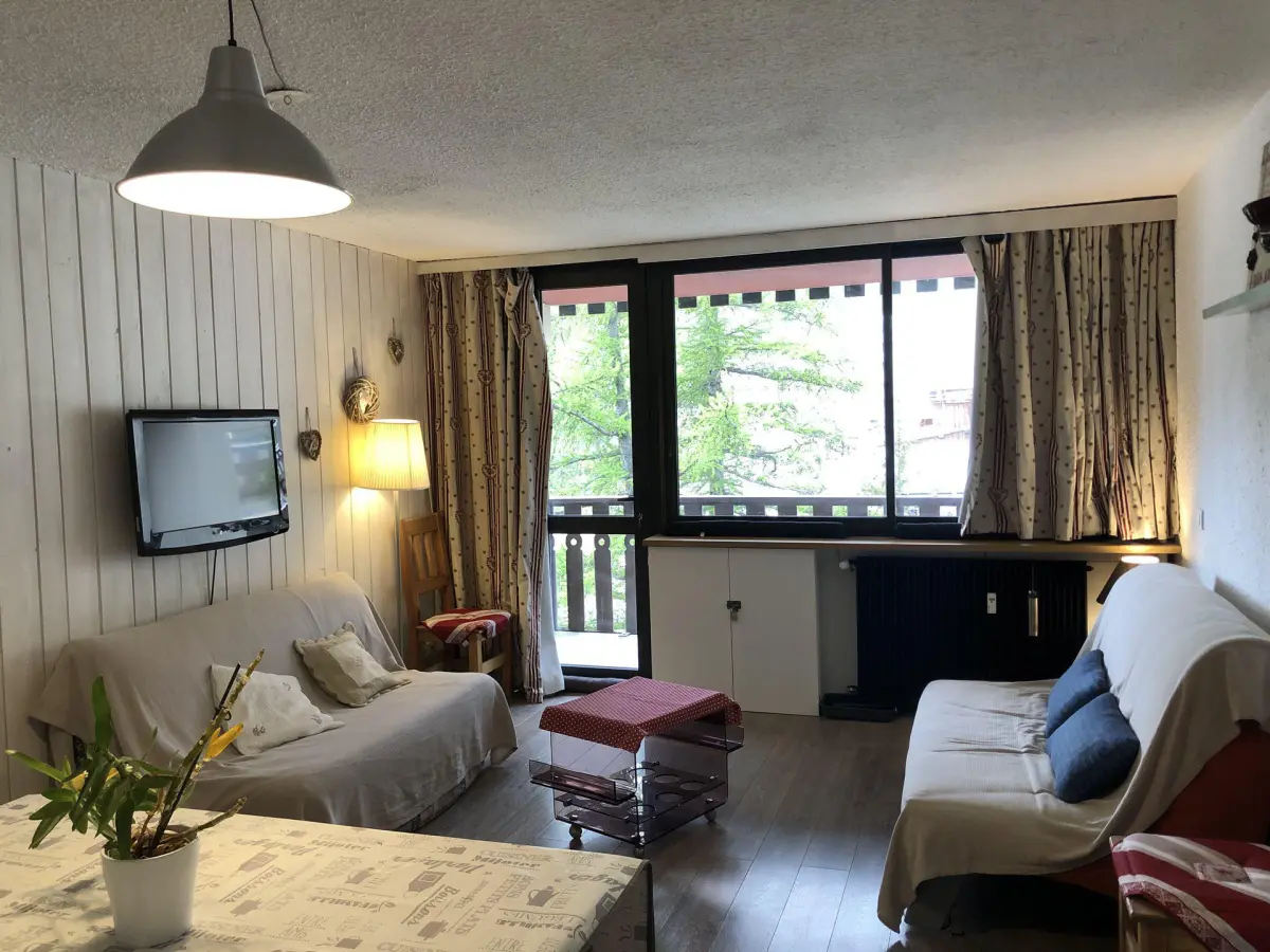 Séjour cosy avec deux canapés, décoration boisée et grande baie vitrée donnant sur un balcon avec vue sur la forêt.
